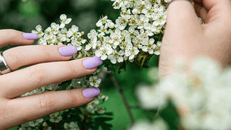 Es sind zwei Frauenhände zu sehen in der Natur mit lilafarbenen Gel-Fingernägeln